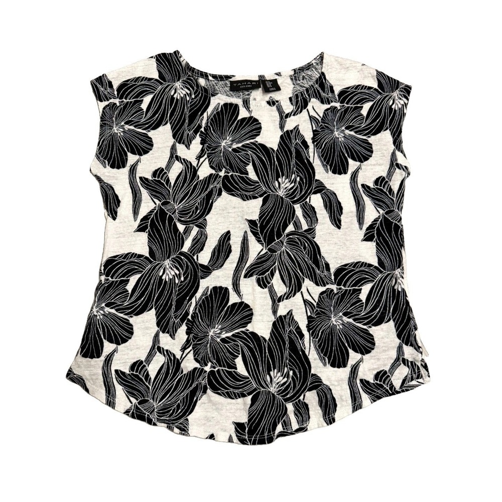 Tahari Womens M Floral Tropical 100% Linen Cap Sleeve Blouse Top Resort Summer